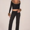 Lola Faux Fur-Trim Sheer Mesh Cardigan in Black