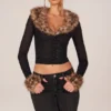 Lola Faux Fur-Trim Sheer Mesh Cardigan in Black
