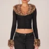 Lola Faux Fur-Trim Sheer Mesh Cardigan in Black