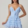 Lolina Ruffled Lace-Up A-Line Mini Dress in Powder Blue