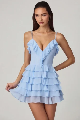 Lolina Ruffled Lace-Up A-Line Mini Dress in Powder Blue