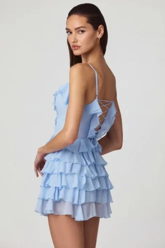 Lolina Ruffled Lace-Up A-Line Mini Dress in Powder Blue