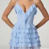 Lolina Ruffled Lace-Up A-Line Mini Dress in Powder Blue