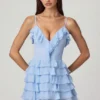 Lolina Ruffled Lace-Up A-Line Mini Dress in Powder Blue