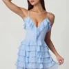 Lolina Ruffled Lace-Up A-Line Mini Dress in Powder Blue
