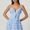 Lolina Ruffled Lace-Up A-Line Mini Dress in Powder Blue