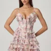 Lolina Ruffled Lace-Up A-Line Mini Dress in Primrose Floral Print