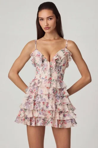 Lolina Ruffled Lace-Up A-Line Mini Dress in Primrose Floral Print