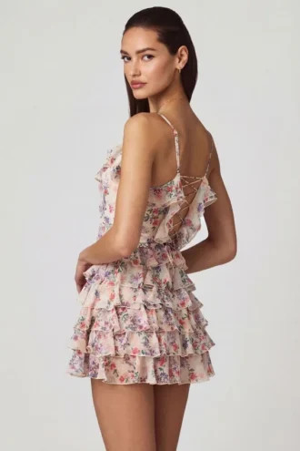 Lolina Ruffled Lace-Up A-Line Mini Dress in Primrose Floral Print