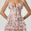 Lolina Ruffled Lace-Up A-Line Mini Dress in Primrose Floral Print