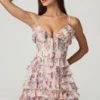 Lolina Ruffled Lace-Up A-Line Mini Dress in Primrose Floral Print