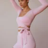 Long-Sleeve Wrap Crop Top in Soft Pink