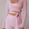 Long-Sleeve Wrap Crop Top in Soft Pink