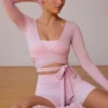 Long-Sleeve Wrap Crop Top in Soft Pink