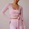 Long-Sleeve Wrap Crop Top in Soft Pink