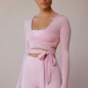 Long-Sleeve Wrap Crop Top in Soft Pink