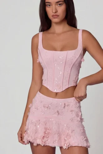 Lorelei Embellished Mid-Rise A-Line Mini Skirt in Soft Pink
