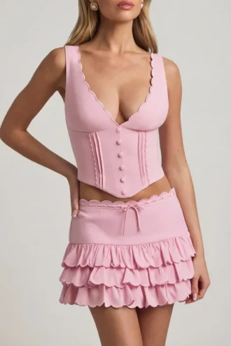 Lorena Layered Ruffled Low-Rise Mini Skirt in Soft Pink