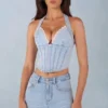 Lotta Halterneck Denim Corset Style Top  in Light Denim