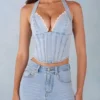 Lotta Halterneck Denim Corset Style Top  in Light Denim