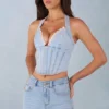 Lotta Halterneck Denim Corset Style Top  in Light Denim