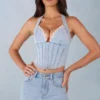 Lotta Halterneck Denim Corset Style Top  in Light Denim