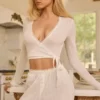 Lou Pointelle Wrap Crop Top in White
