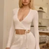Lou Pointelle Wrap Crop Top in White