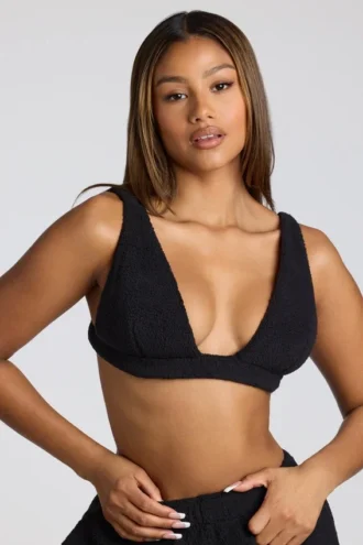 Loungewear V Neck Fleece Bralette in Black