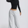 Low-Rise Wide-Leg Joggers in Grey Marl
