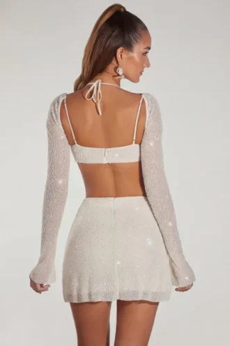 Lucerne Embellished Long Sleeve Crop Top in Ivory
