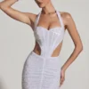 Lucia Embellished Cut-Out Halterneck Mini Dress in White