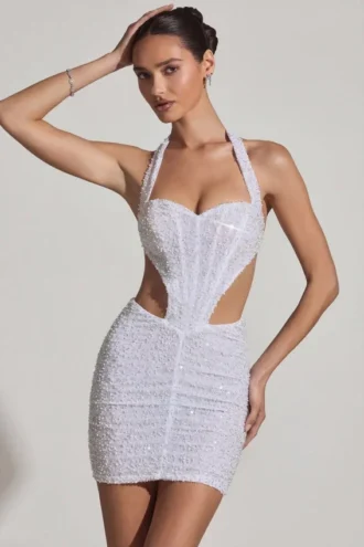 Lucia Embellished Cut-Out Halterneck Mini Dress in White