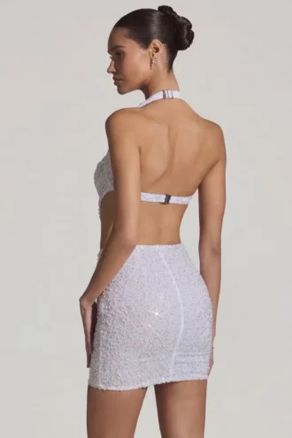 Lucia Embellished Cut-Out Halterneck Mini Dress in White