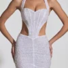 Lucia Embellished Cut-Out Halterneck Mini Dress in White