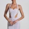 Lucia Embellished Cut-Out Halterneck Mini Dress in White