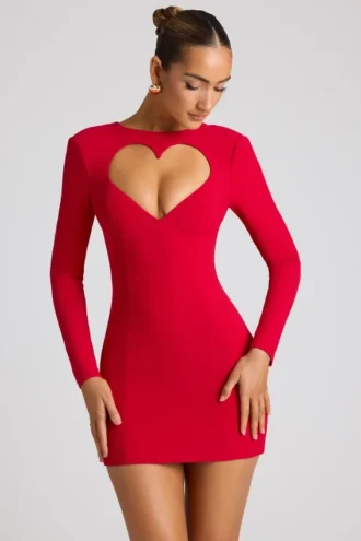 Luciana Heart Cut Out Long Sleeve Mini Dress in Fire Red