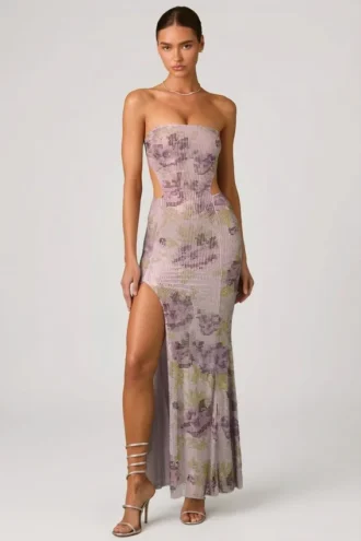 Lucienne Embellished Cut-Out Fishtail Maxi Dress in Lilac