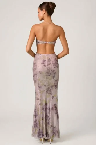 Lucienne Embellished Cut-Out Fishtail Maxi Dress in Lilac