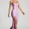 Lucienne Embellished Cut-Out Fishtail Maxi Dress in Peony Pink