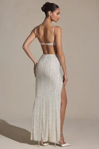 Lucienne Embellished Cut-Out Fishtail Maxi Dress in White