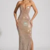 Lucile Embellished Strapless Plunge Gown in Almond