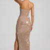 Lucile Embellished Strapless Plunge Gown in Almond