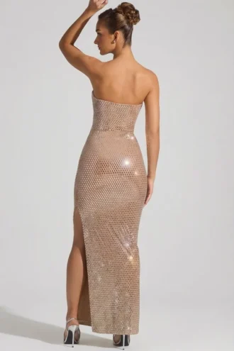 Lucile Embellished Strapless Plunge Gown in Almond