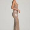 Lucile Embellished Strapless Plunge Gown in Almond