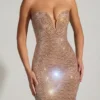 Lucile Embellished Strapless Plunge Gown in Almond