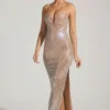 Lucile Embellished Strapless Plunge Gown in Almond