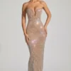 Lucile Embellished Strapless Plunge Gown in Almond