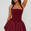 Ludmila Halterneck Lace-Up Bubble Hem Corset Micro Mini Dress in Berry Red