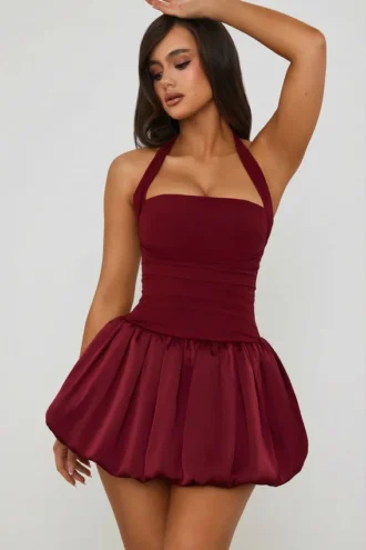 Ludmila Halterneck Lace-Up Bubble Hem Corset Micro Mini Dress in Berry Red